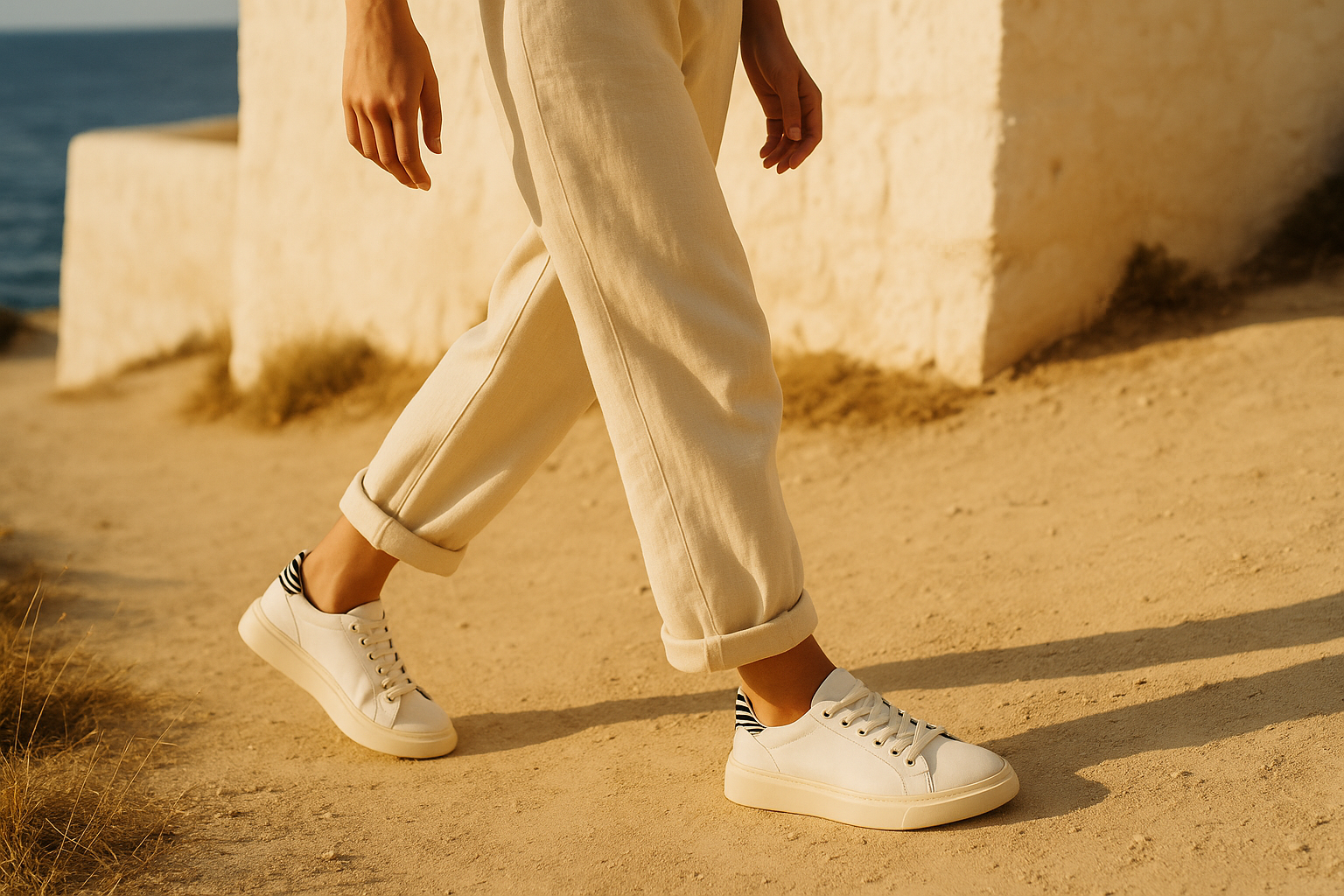 Walking in Studio Nina sneakers on a coastal road